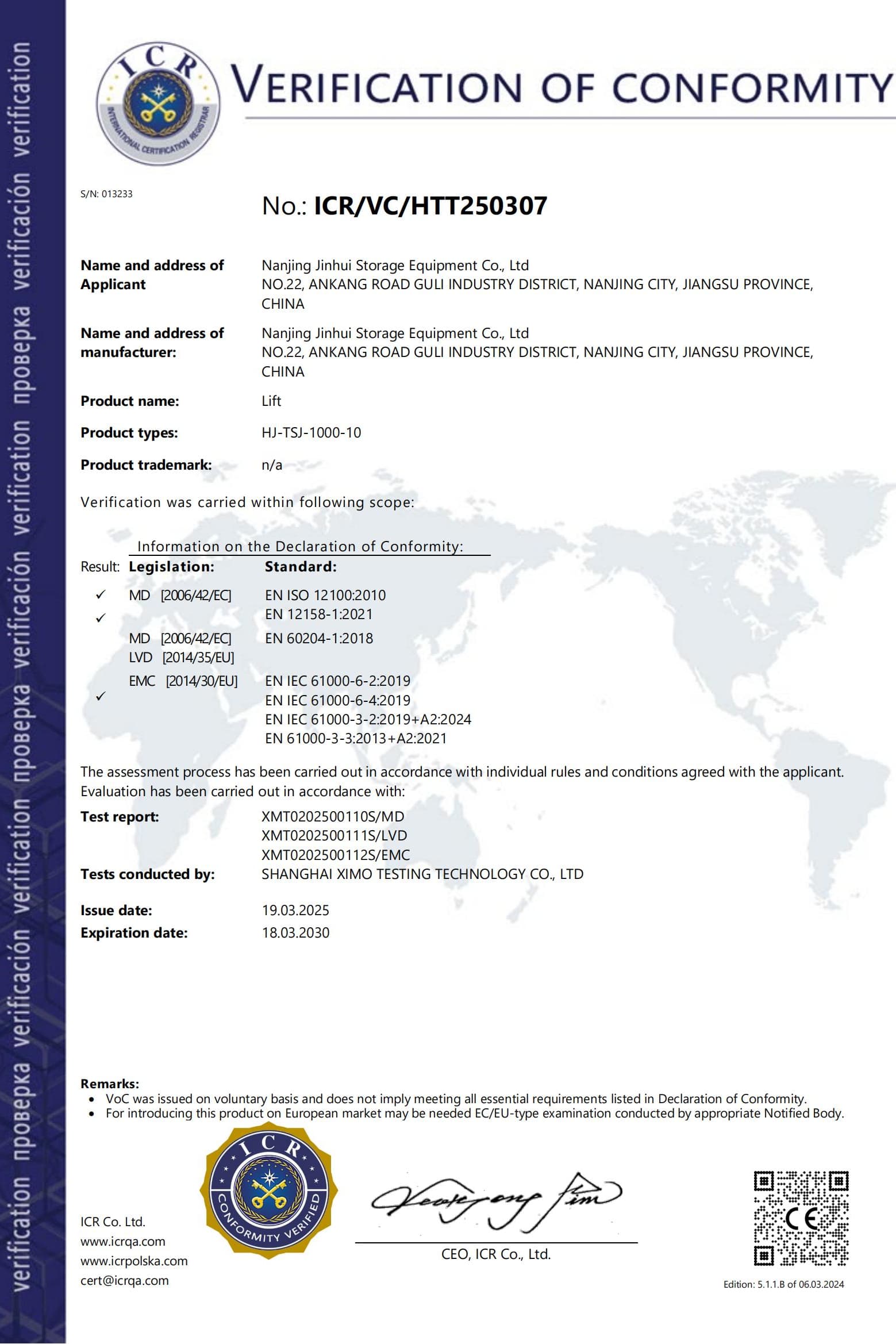 CE Certificate for Industrial Lifts and Cargo Elevators - Remprack