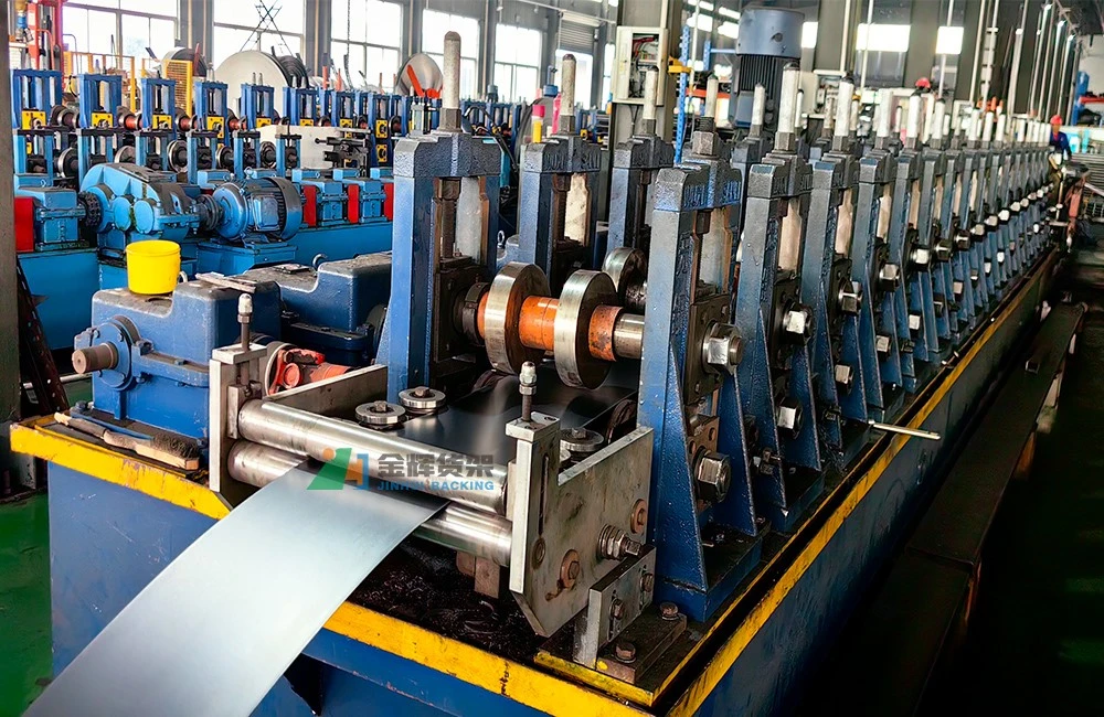 Automatic roll forming machine producing steel for warehouse racking in factory
