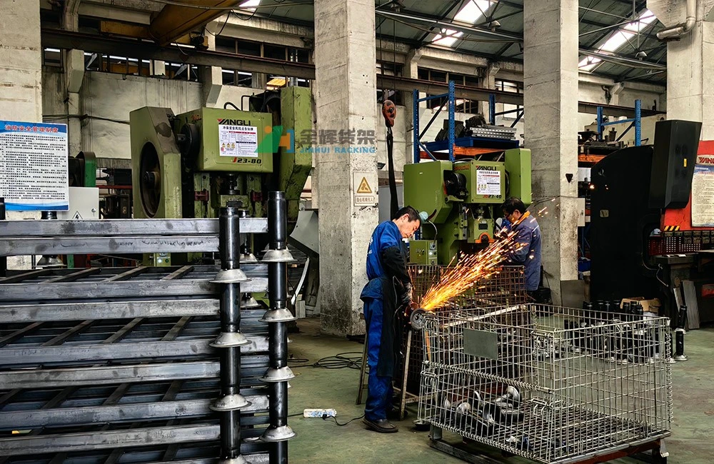 Welding operation in warehouse racking production workshop